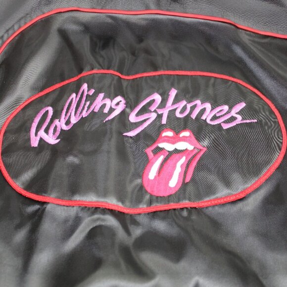 Vintage 80’s Roadie Rolling Stones Retro Black Red Sateen Bomber Jacket Size LG - Picture 9 of 9